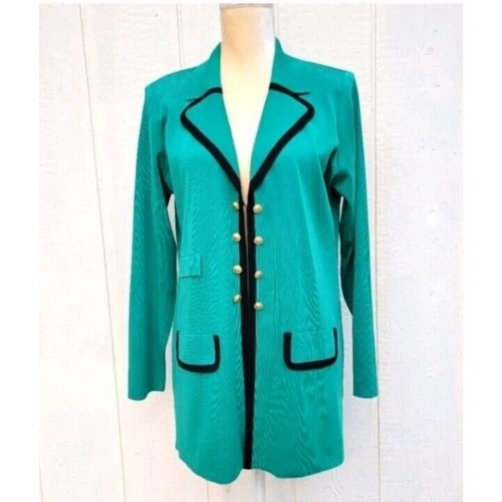 Exclusively Misook Kelly green black trim gold button open Front knit jacket S